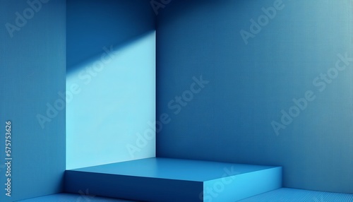 3D abstract blue background of an empty corner of the room with falling light from the window on the podium for presentations. Generative AI
