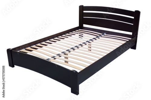 dark arched wooden bed with slats, on isolated background.