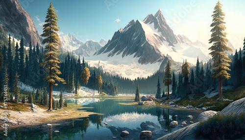 Nature's Glory, Scenic Mountain Range with River and Golden Tree, Serene Summer Scene, Mountain Range with Flowing River and Golden Tree (ai generated)