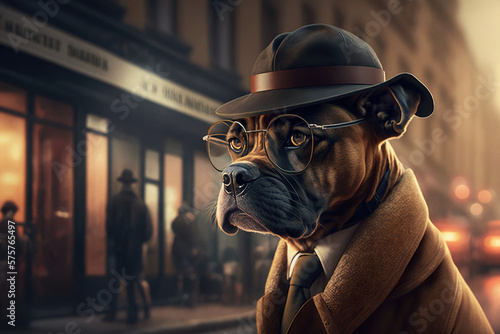 A dog dressed as a private detective in a hat , concept of Private Investigation and Costume, created with Generative AI technology