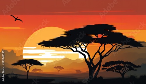 Illustration African sunset landscape with flat colors