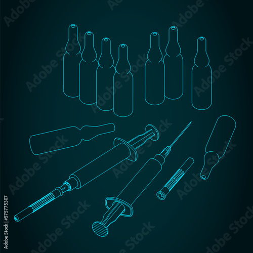 Disposable syringe with needle and ampules illustration