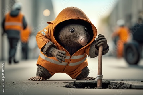 A mole in the clothes of a road worker, concept of Safety Gear and Hard Hat, created with Generative AI technology