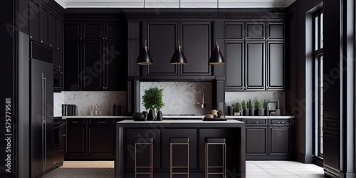 Modern minimal style kitchen, black cabinet doors, metal kitchen worktop. Generative AI.