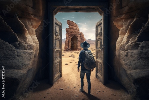 Archaeologist at ancient temple door in desert, Generative AI