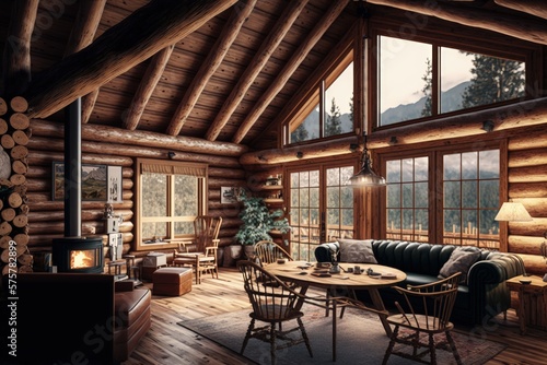 Wooden cabin interior in the mountains, modern wooden house in pine forest, Generative AI 