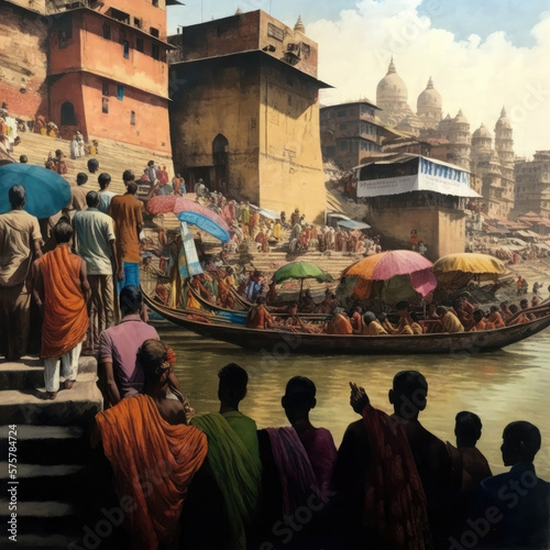 Crowd of pilgrims Ganges ghats Varanasi, India - generative AI.