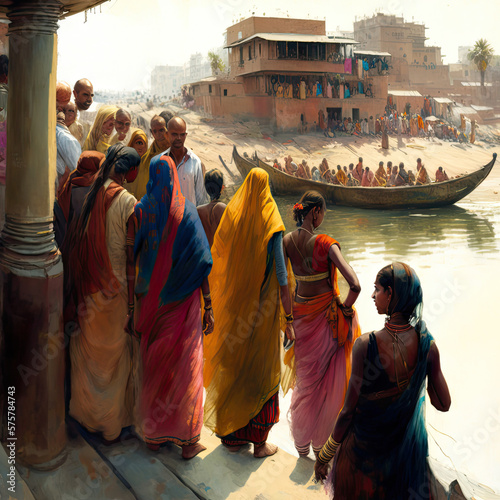 Crowd of pilgrims Ganges ghats Varanasi, India - generative AI.
