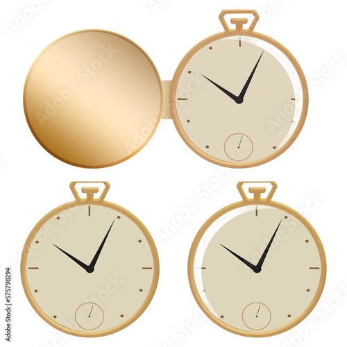 A gold pocket watch is seen isolated on a transparent background.