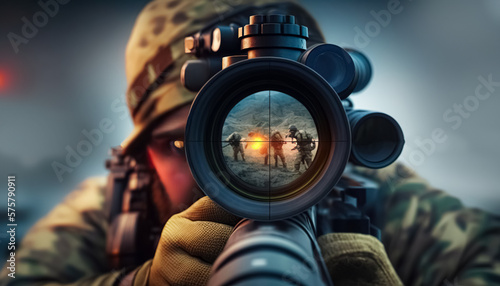 Sniper in which aiming from his rifle. sniper during the military operation. rifle target view on war zone Background. digital ai art