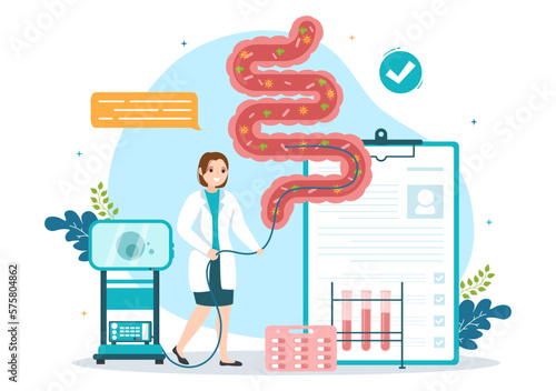 Proctologist or Colonoscopy Illustration with a Doctor Examines of the Colon and Harmful Bacteria in Cartoon Hand Drawn for Landing Page Templates
