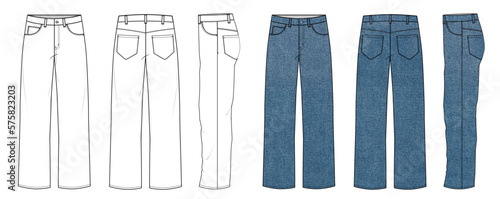 Straight jeans pants vector template illustration cad technical drawing