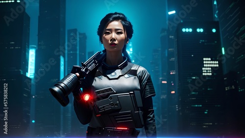 futuristic asian woman with weapon gun in cyborg suit, generative art by A.I.