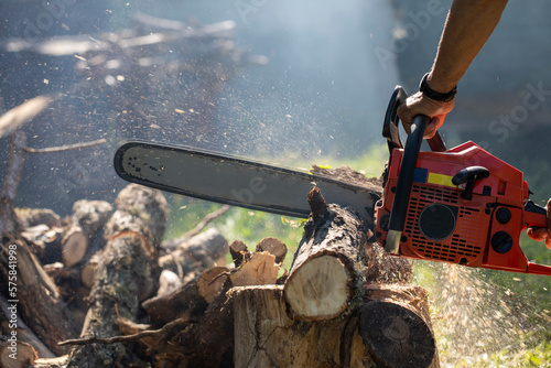 Chainsaw. Close-up of woodcutter sawing chain saw in motion