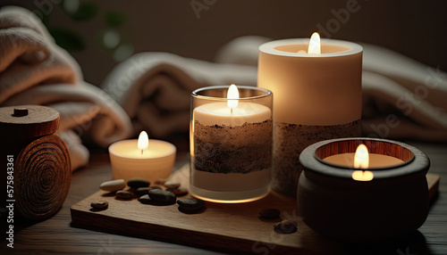 candles on a table, cozy spa or room decoration, generative ai illustration