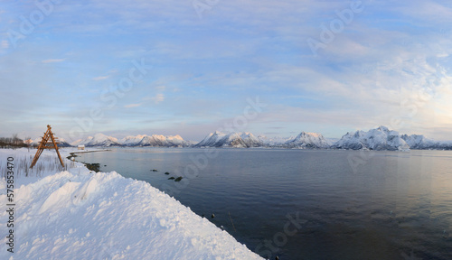 landscape at Lofoten Islands in Norway in winter and sunrise