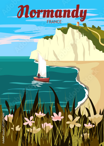 Travel poster Normandie France, vintage seascape rock cliff
