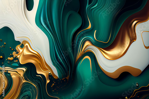 Generative Ai: Liquid abstract background, gold and emerald color