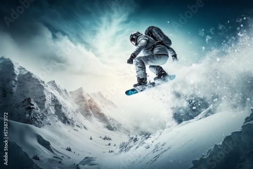 Winter extreme athlete sports, ski jumping on mountain. Winter, Snow landscape. Landscape. Generative AI Technology