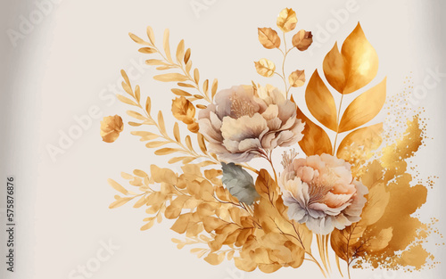 Abstract background watercolor gentle gold flower and gold splash and white background. gold and white watercolor flower art. 
