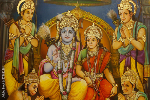 Jalaram Prathna hindu temple, Leicester. Fresco. Ram, Sita with Lakshman to Ram's right and Hanuman kneeling, and devotees United kingdom.