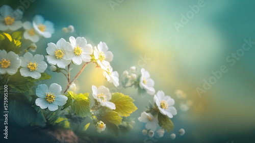 Spring forest white flowers primroses with Blurred blue sky .Floral nature background. Generative ai.