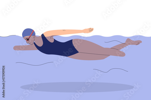 Female swimmer participating in sport competition vector isolated. Woman with amputated leg and arm swimming. Professional sportsman.