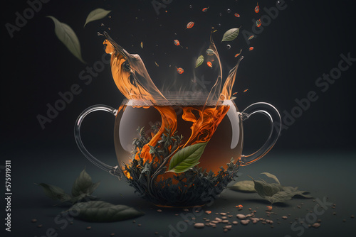 A glass of herbal tea on a dark background. Splash or swirl over a cup of drink. Studio lighting. Banner illustration. Food style photography. Generative AI.