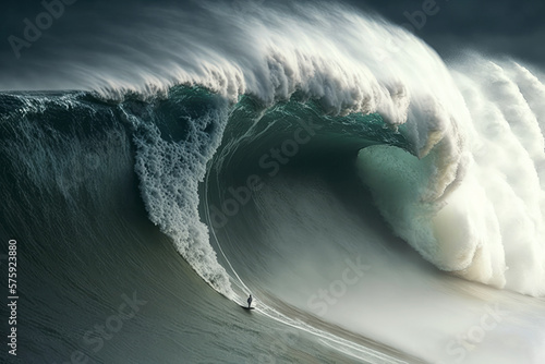 surfer surfing a extreme huge wave on Nazare. generative ai