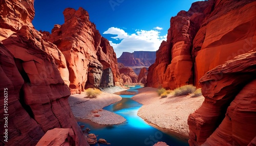 A canyon landscape with a river running through it, surrounded by striking red rock formations. The canyon walls rise up steeply on either side of the river, creating a narrow and dramatic passageway