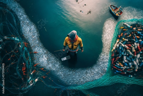 Fishermen fishing trawler on sea, Generative AI