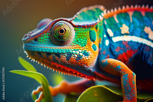 closeup of a colorful chameleon lizard. generative AI