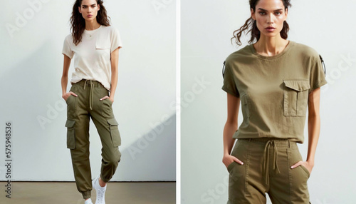 Fictional model's wearing a pair of cargo pants in a muted olive green color, Created with generative Ai Technology
