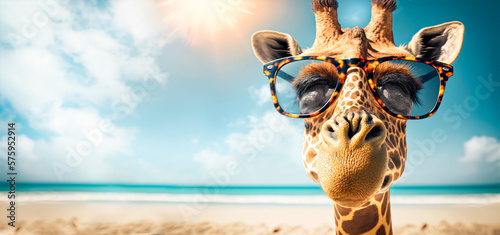 Funny giraffe with sunglasses on the tropical beach. Travel background with silly animal on summer holiday.