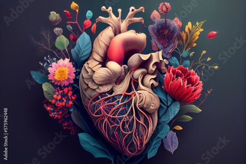 Human Heart With Flowers, Love And Emotion Concept, Good Hearted Person, Help And Charity. Generative AI