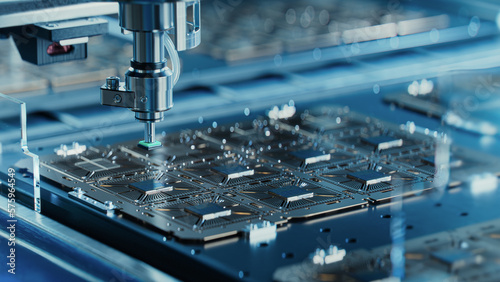 Silicon Dies are being Attached to Substrate by Pick and Place Machine on Semiconductor Factory. Computer Chip Manufacturing at Fab. Packaging Process.