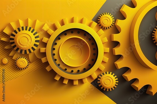 Digital illustration of gears on yellow background. Generative AI