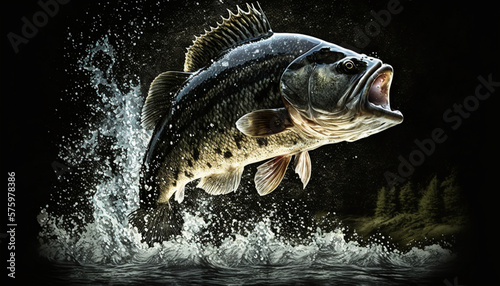 The black bass fish jumps out of the river water in a stunning display of agility and power, generated by IA