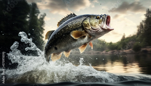 This stunning photo captures the excitement and thrill of sport fishing for black bass, generated by IA