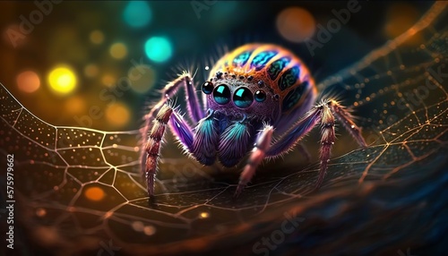 Cute little colorful spider on spiderweb with glowing particles in the background. Generative AI
