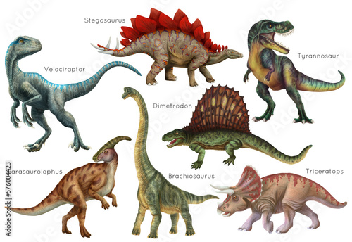 Dinosaur set. Stegosaurus, Dimetrodon, Velociraptor, Triceratops, Brachiosaurus, Tyrex, Parasaurolophus