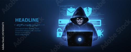 Hacker. Cyber criminal with laptop and related icons behind it. Cyber crime, hacker activity, ddos attack, digital system security, fraud money