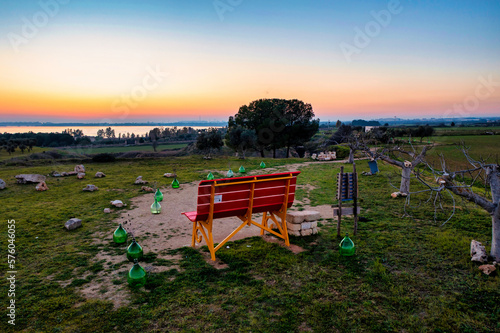 big bench 194, vista sul mar piccolo di Taranto al tramonto - Puglia, Salento, Italy