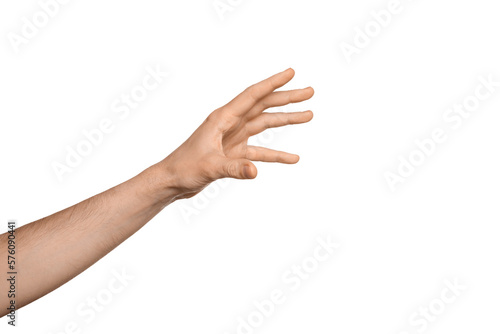 A man's hand reaches for something or holds something, fingers wide open. Isolate on a white background.