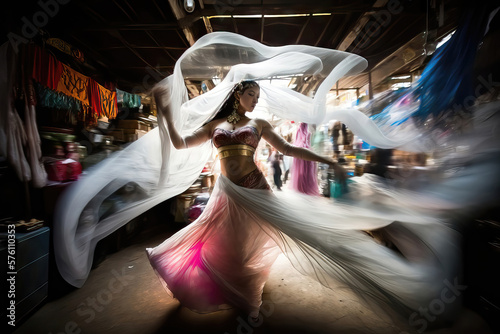 AI generated oriental dancer dancing belly dance on the street or market