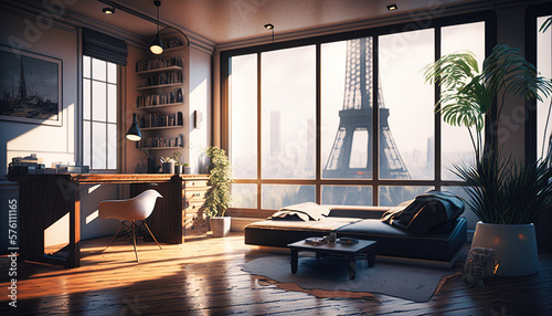 Living-room in an elegant modern Parisian apartment with view on the Eiffel tower - generative AI
