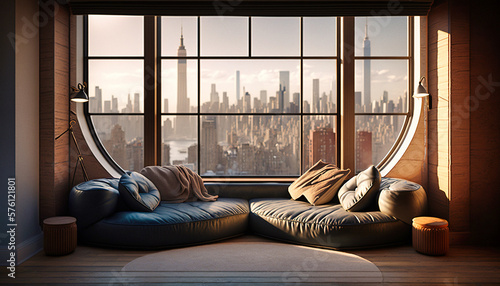 a sofa in an elegant New Yorker apartment with view - generative ai