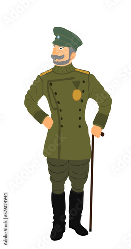 Vintage WW1 army officer in uniform vector illustration. General marshal symbol. Soldier in uniform. Military commander. Marsh officer in a ceremonial procession. Military parade. Warrior. 