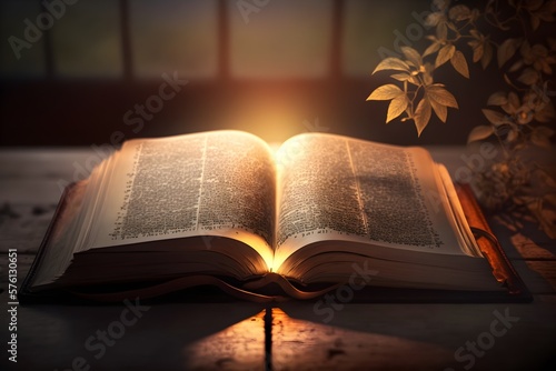 Wallpaper Illustration and background of Holy Bible, Sacred book. Front view. Concept of religion, word of god, god, jesus christ. Generative AI.