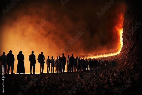 Line of people standing in hell, concept of Hierarchy and Oppression, created with Generative AI technology